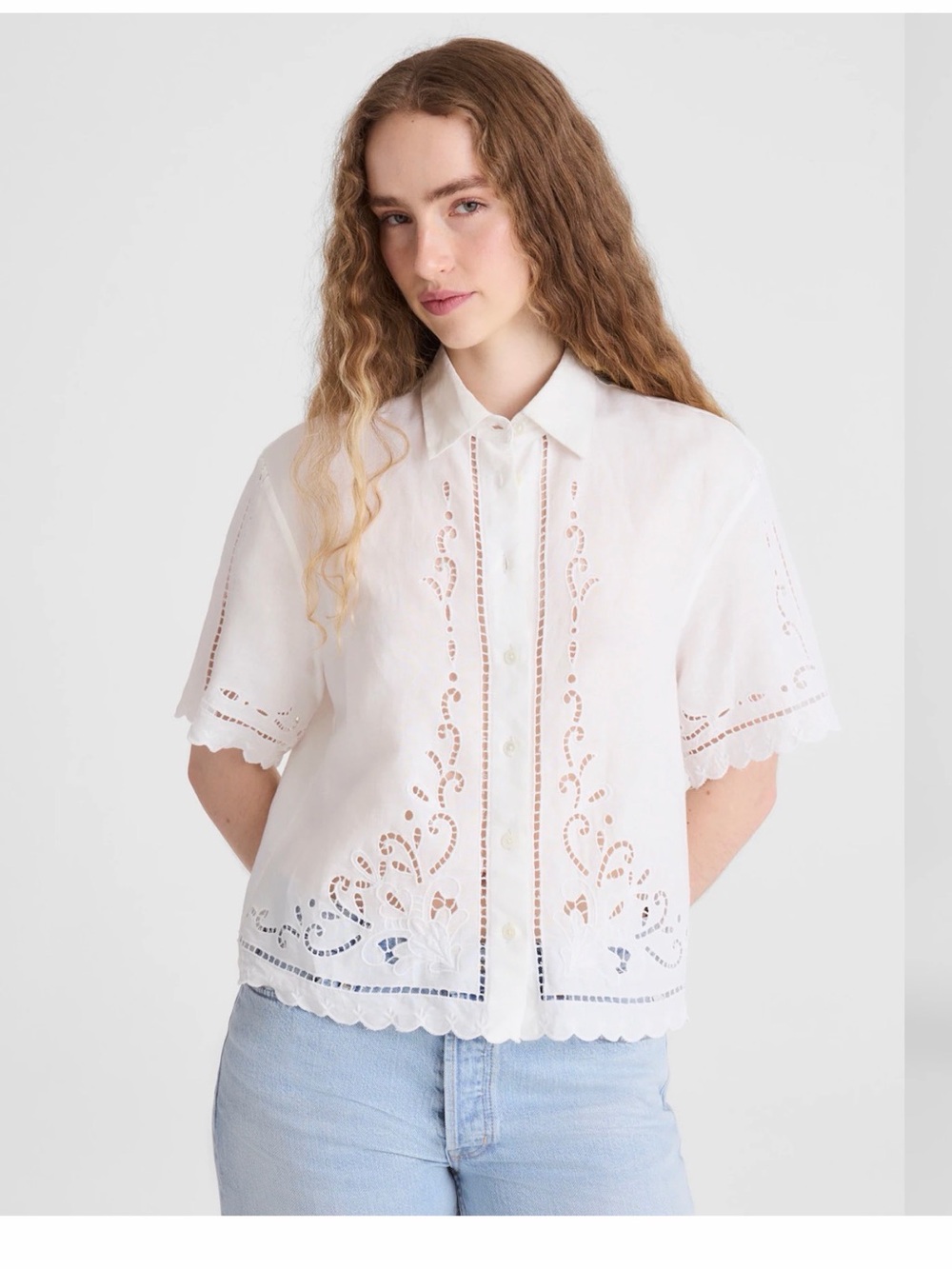Madewell White Eyelet Cutwork Button-Front Short Sleeve Shirt
